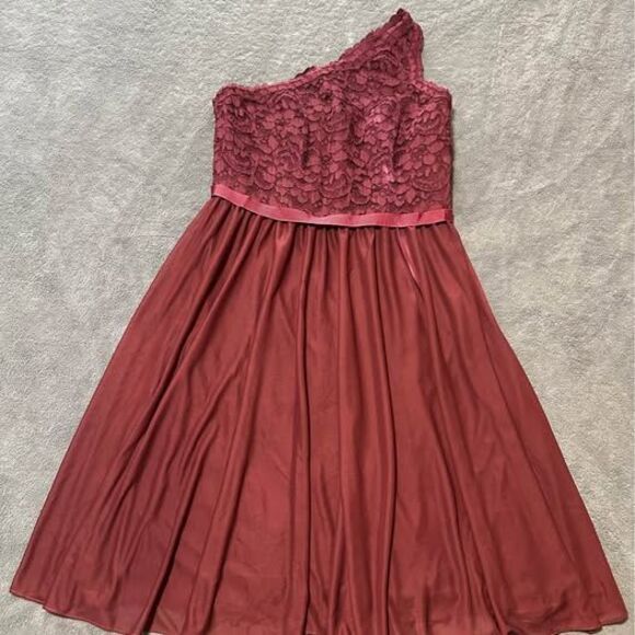 David’s Bridal Formal Lace One-Shoulder Braidsmaid Dress (Color: Wine) - Picture 1 of 8